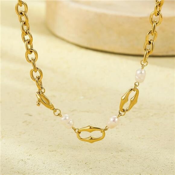 Asymmetrical Toggle Pearl Necklace | Paperclip & Chunky Chain | Modern - Picture 2 of 4